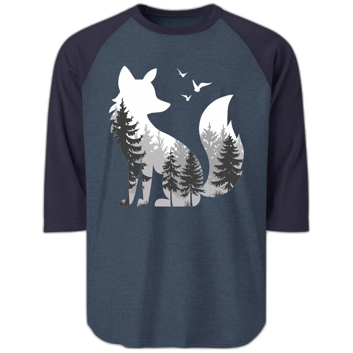 Forest Within Fox Raglan 3/4 in Heather Denim Navy