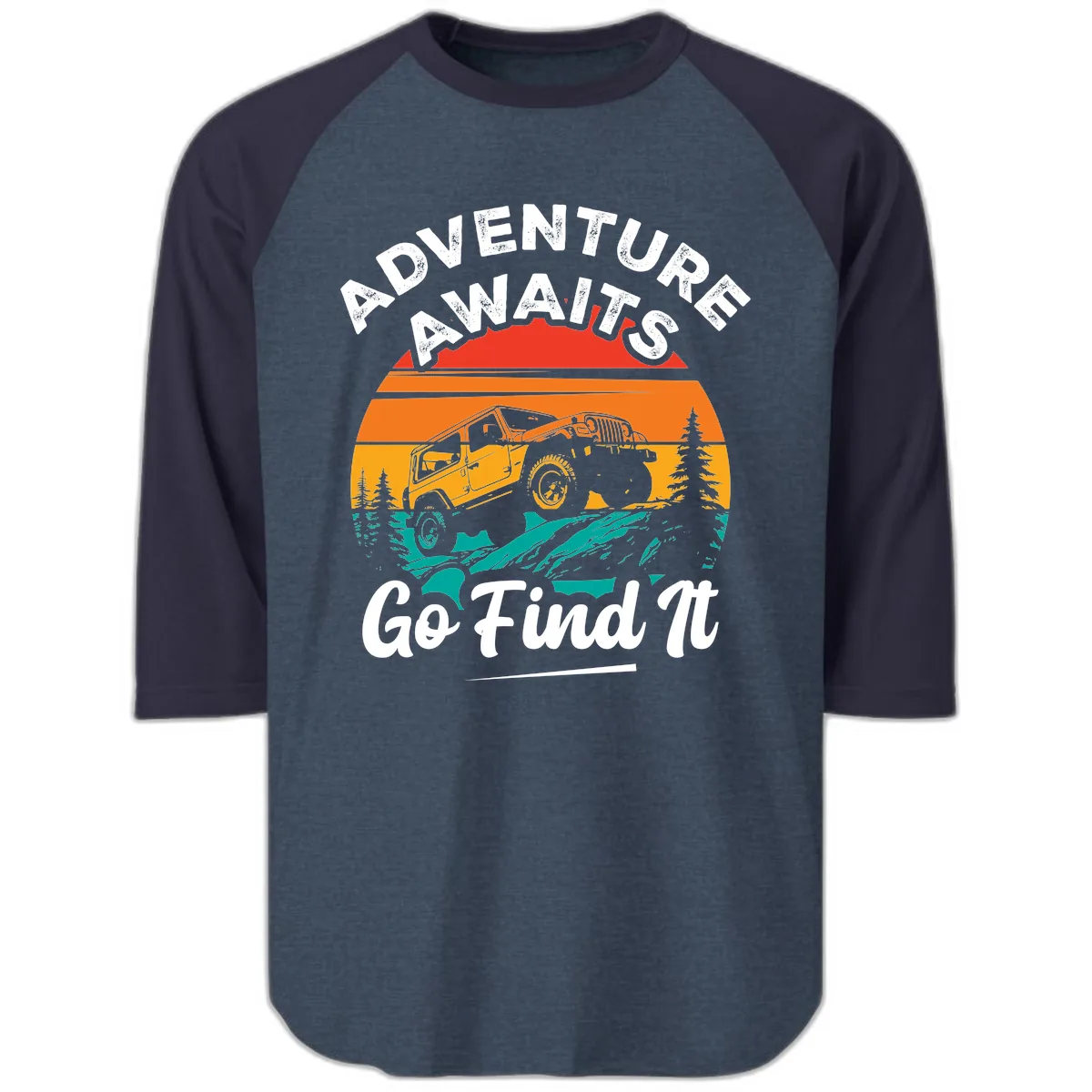 Adventure Awaits Go Find It Raglan 3/4 in Heather Denim Navy