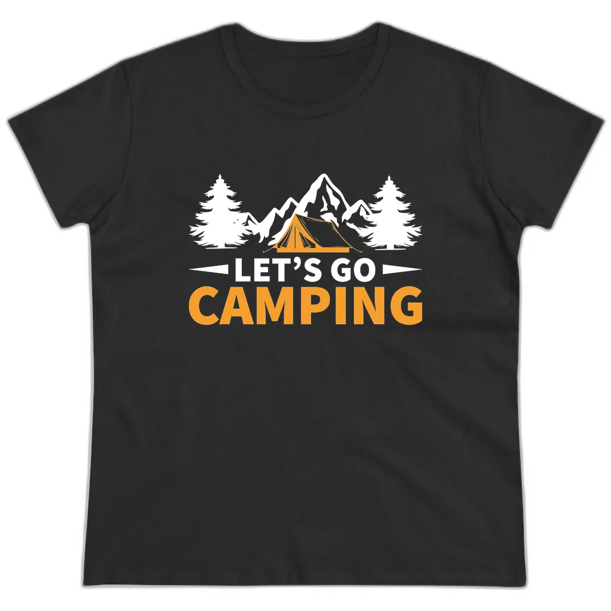 Let's Go Camping Mountain Tent Ladies Tee in Black