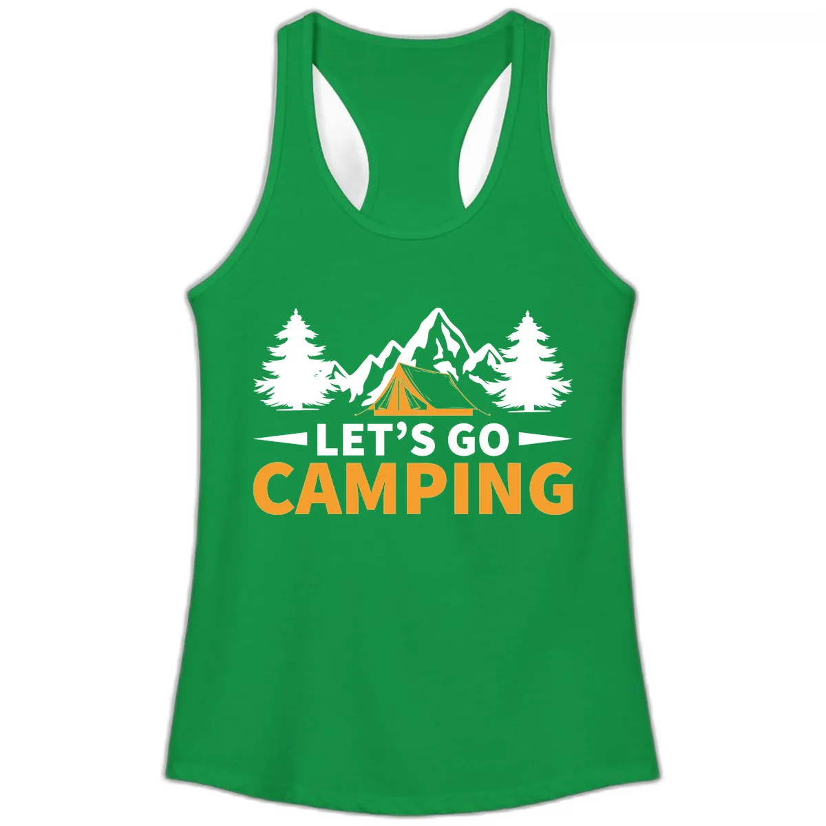 Let's Go Camping Mountain Tent Ladies Tank in Solid Kelly Green
