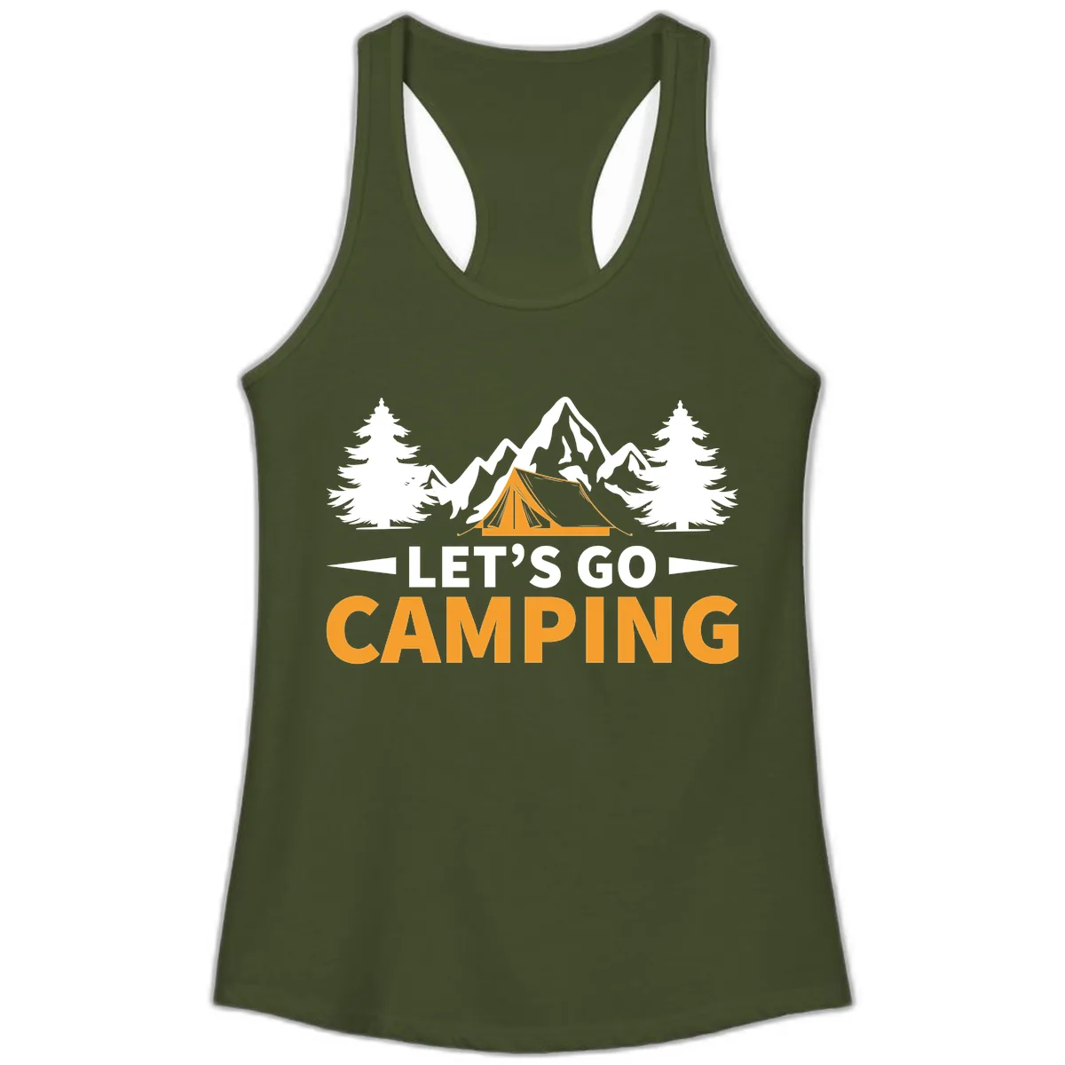 Let's Go Camping Mountain Tent Ladies Tank in Solid Military Green