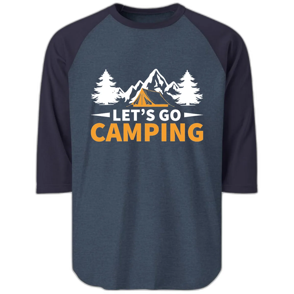 Let's Go Camping Mountain Tent Raglan 3/4 in Heather Denim Navy
