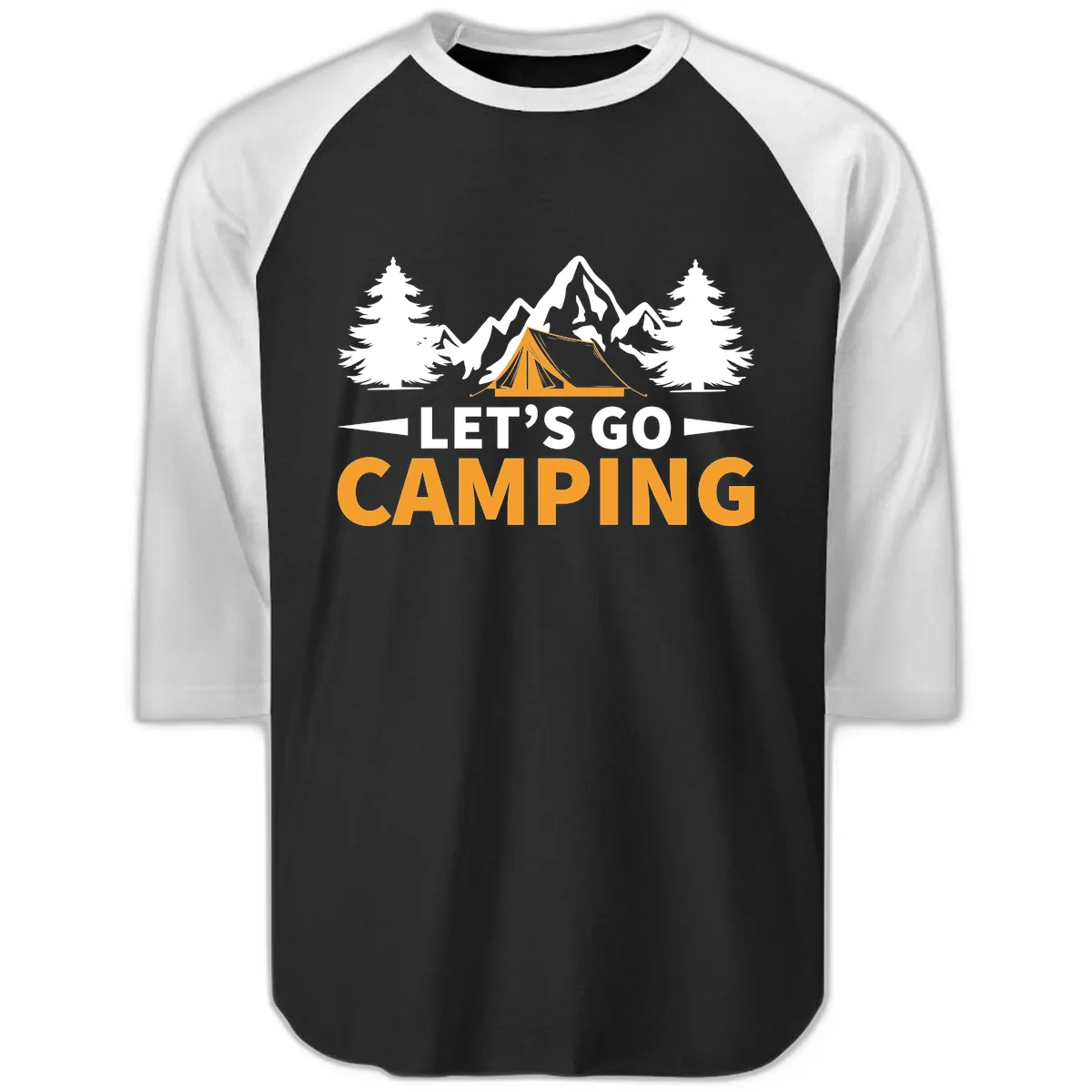 Let's Go Camping Mountain Tent Raglan 3/4 in Black White