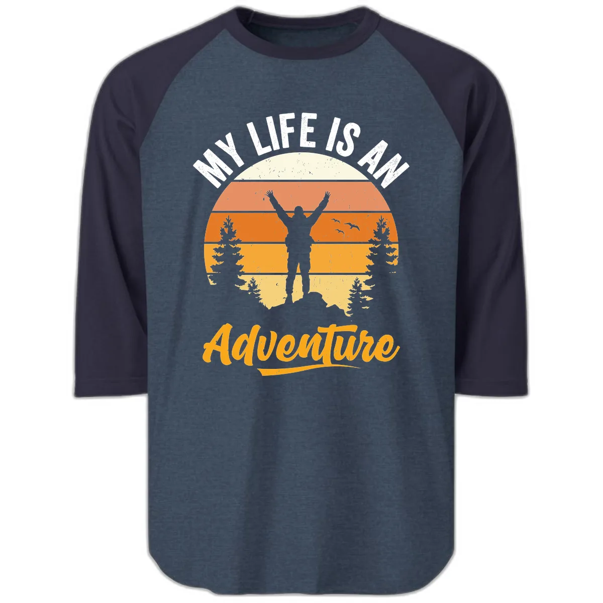 My Life Is An Adventure Raglan 3/4 in Heather Denim Navy