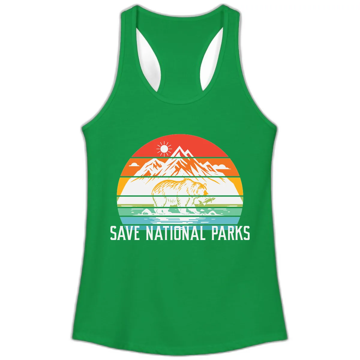 Save National Parks Layered Landscape Ladies Tank in Solid Kelly Green