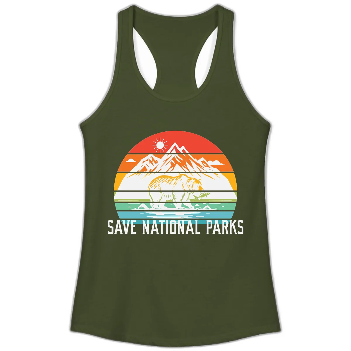 Save National Parks Layered Landscape Ladies Tank in Solid Military Green