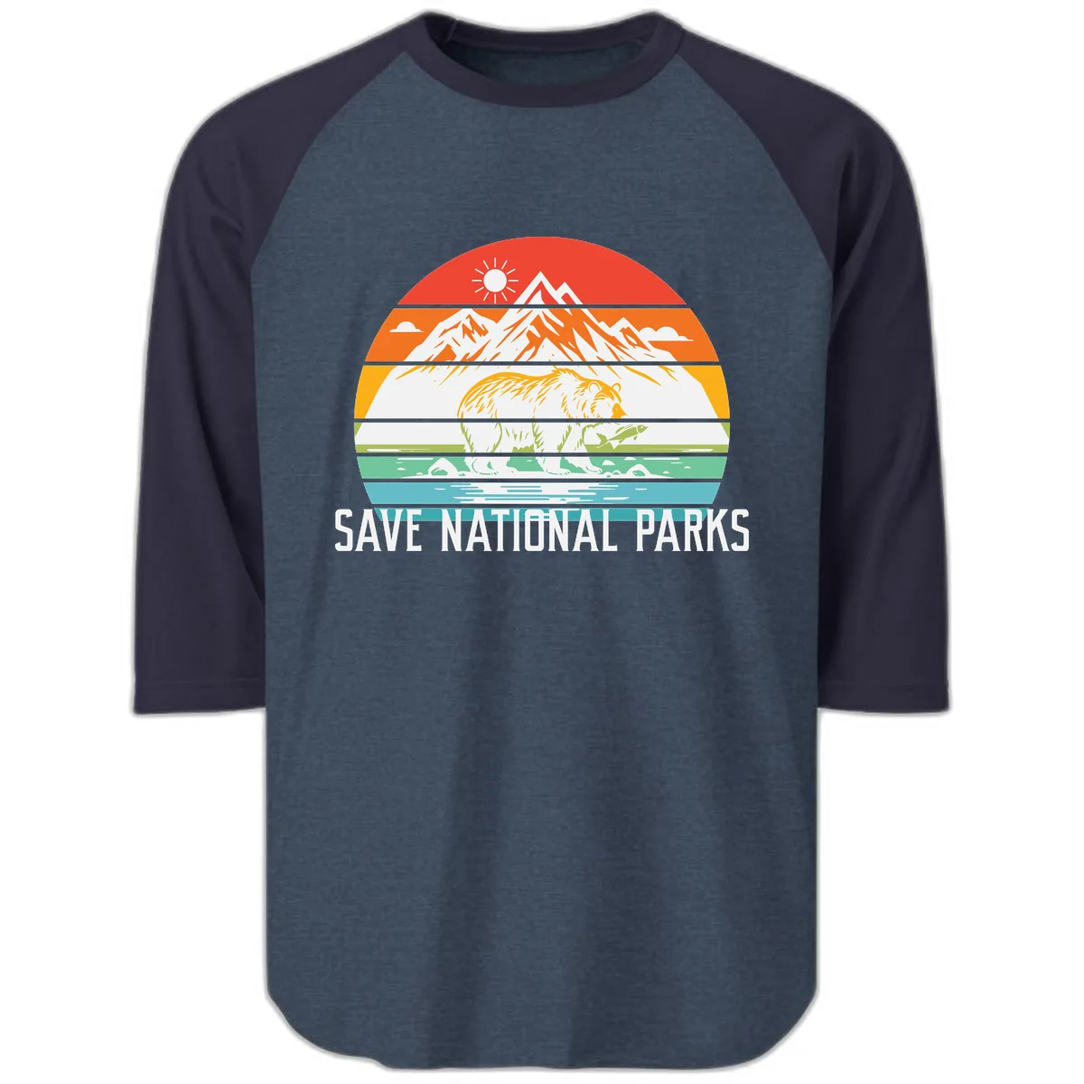 Save National Parks Layered Landscape Raglan 3/4 in Heather Denim Navy