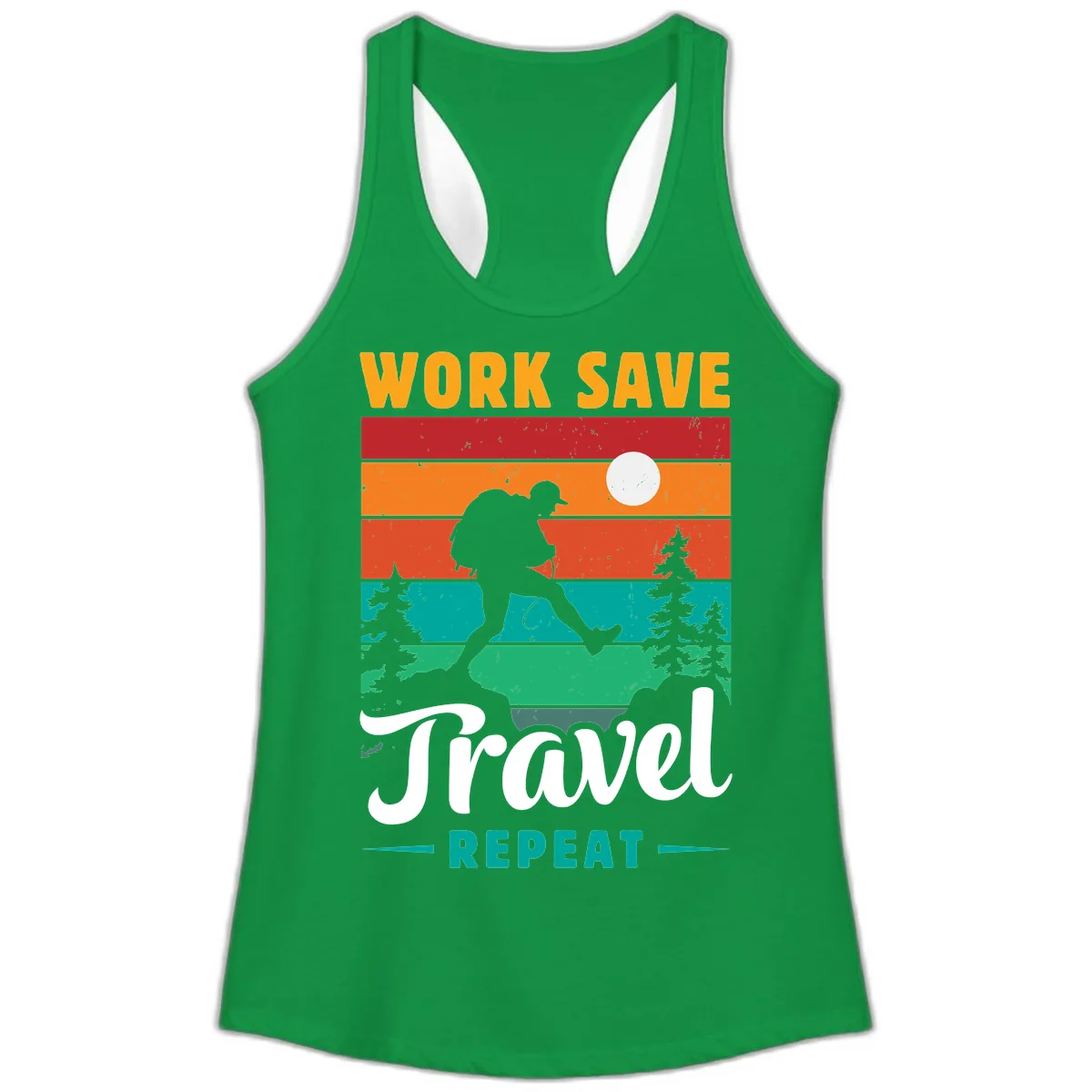 Work Save Travel Repeat Ladies Tank in Solid Kelly Green