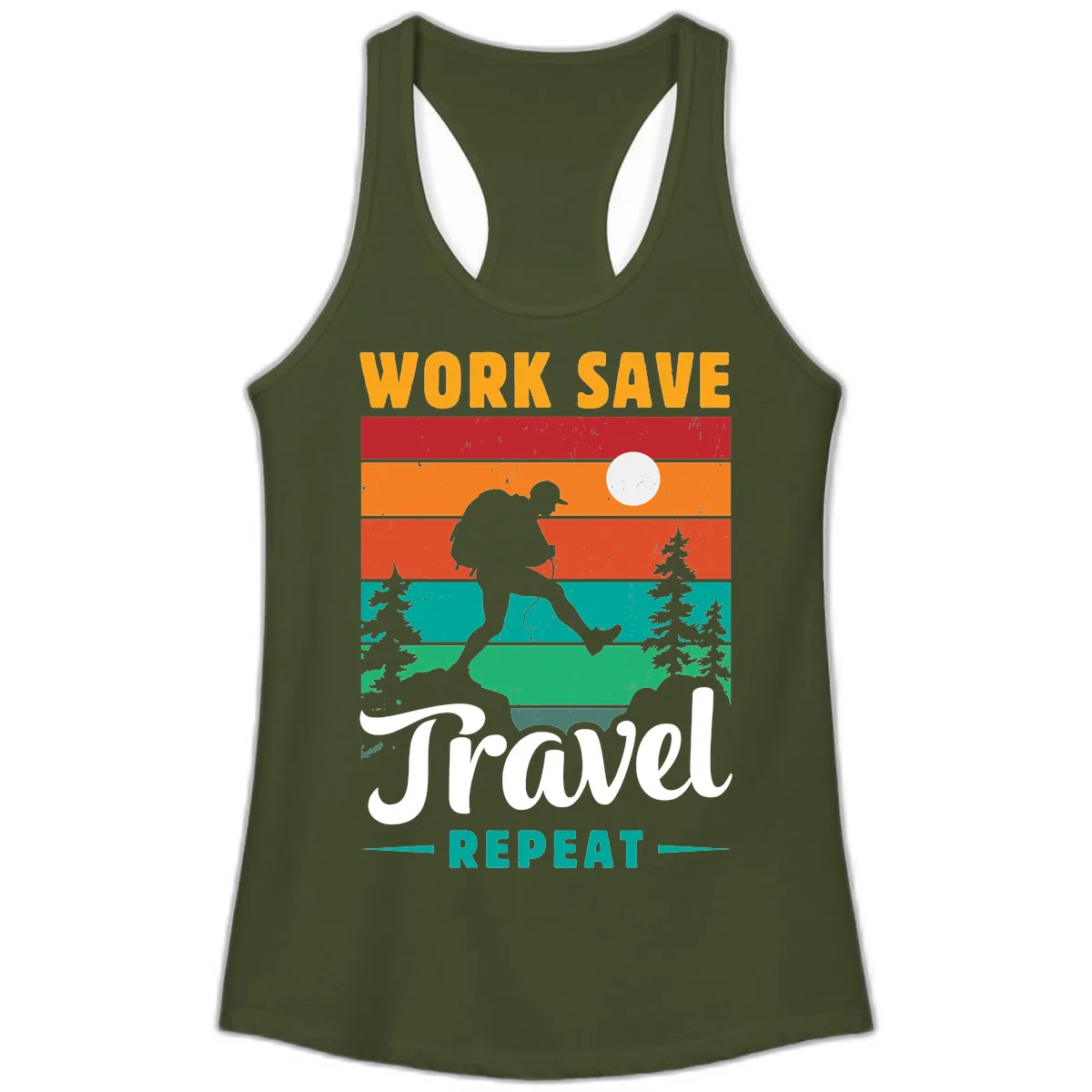 Work Save Travel Repeat Ladies Tank in Solid Military Green