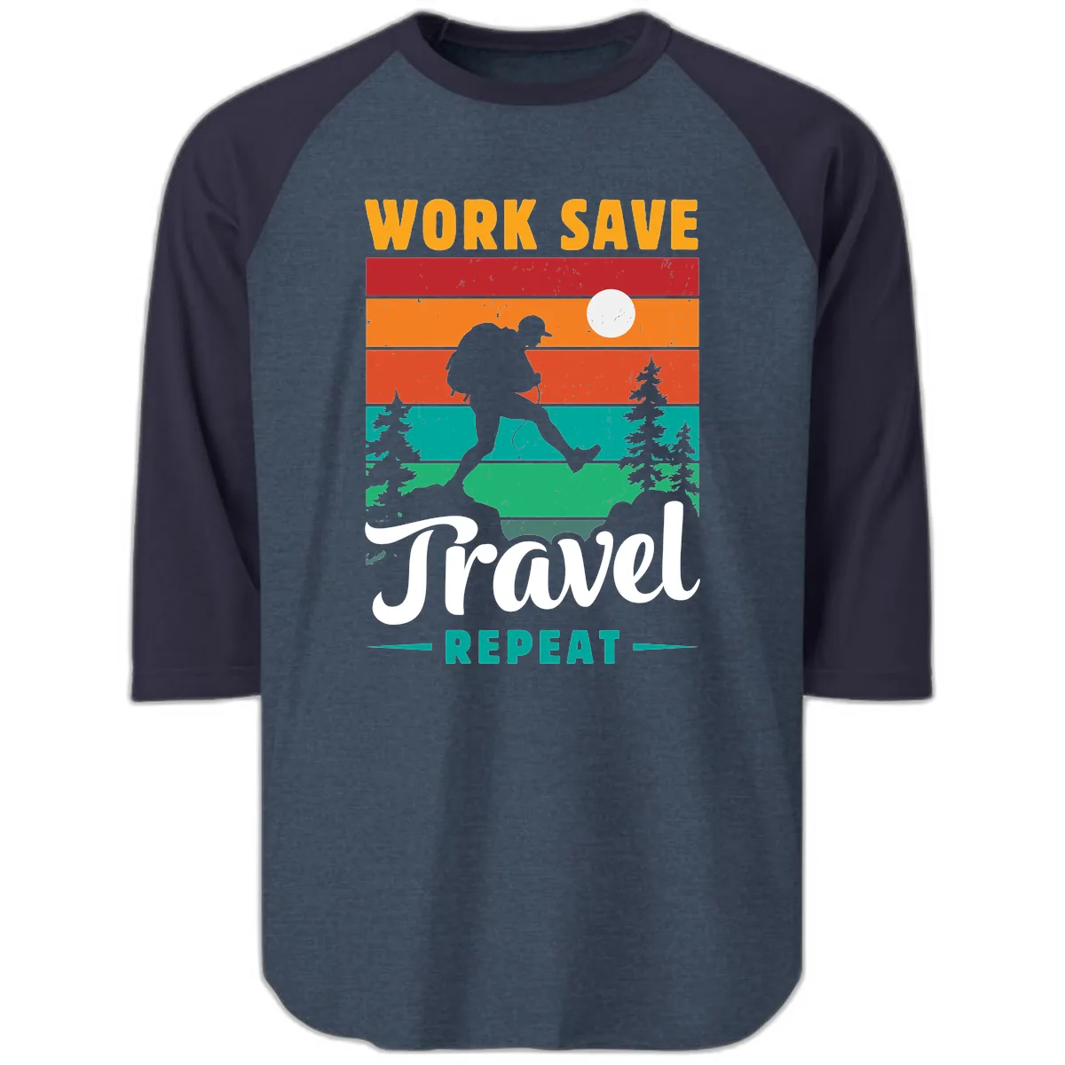 Work Save Travel Repeat Raglan 3/4 in Heather Denim Navy