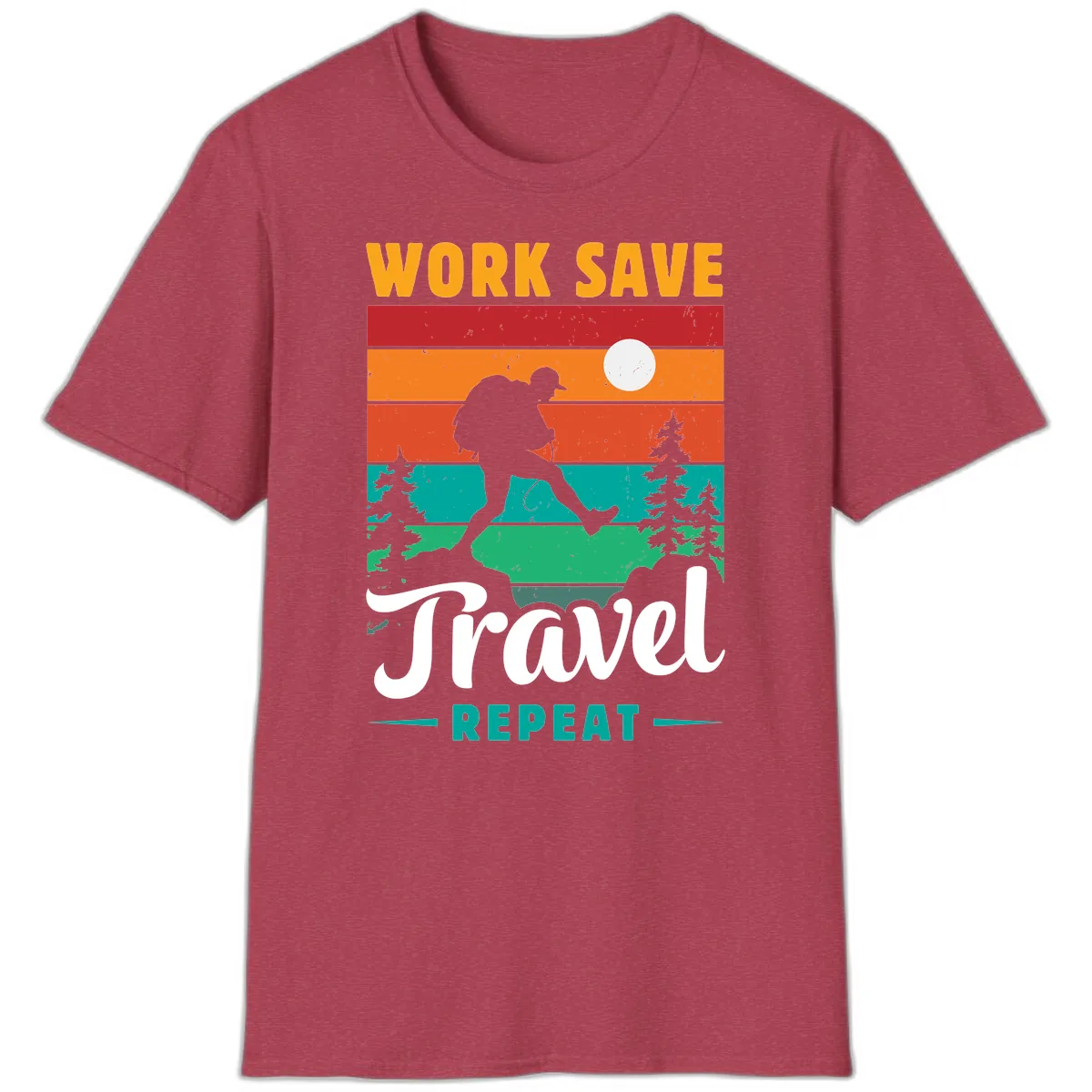 Work Save Travel Repeat T-Shirt in Heather Cardinal