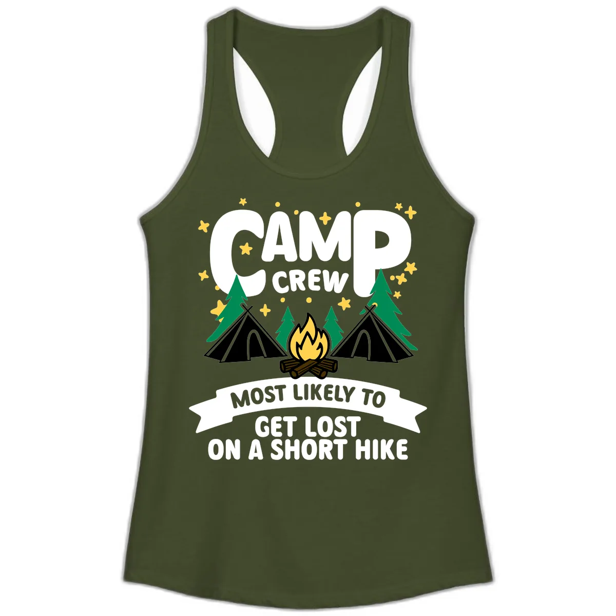 Camp Crew Most Likely To Get Lost Ladies Tank in Solid Military Green