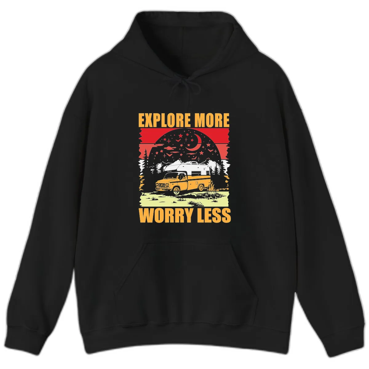 Explore More Worry Less Camping Adventure Hoodie in Black