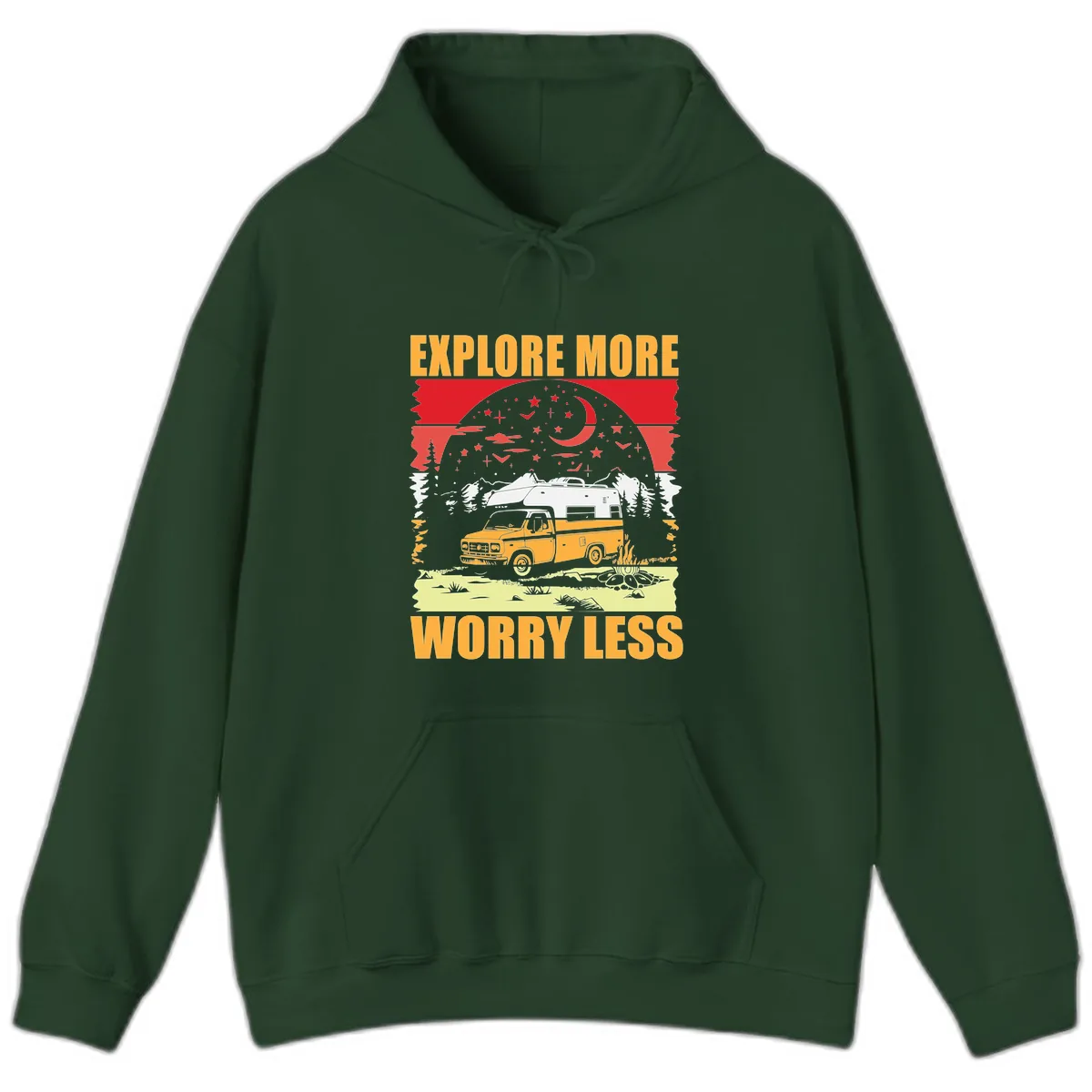 Explore More Worry Less Camping Adventure Hoodie in Forest Green