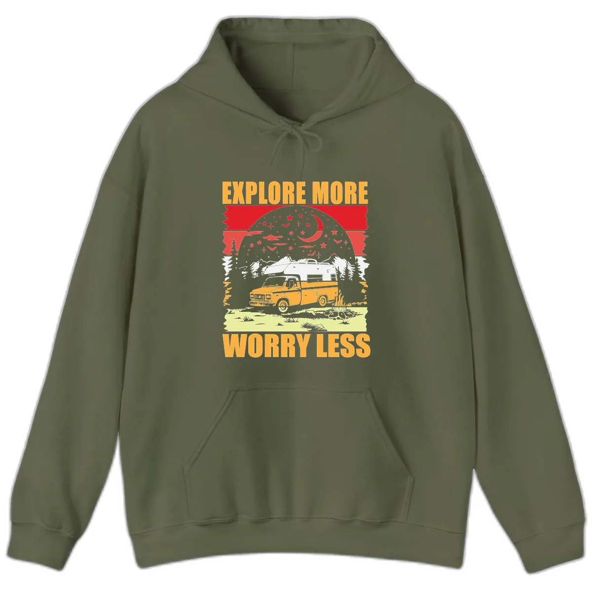 Explore More Worry Less Camping Adventure Hoodie in Military Green