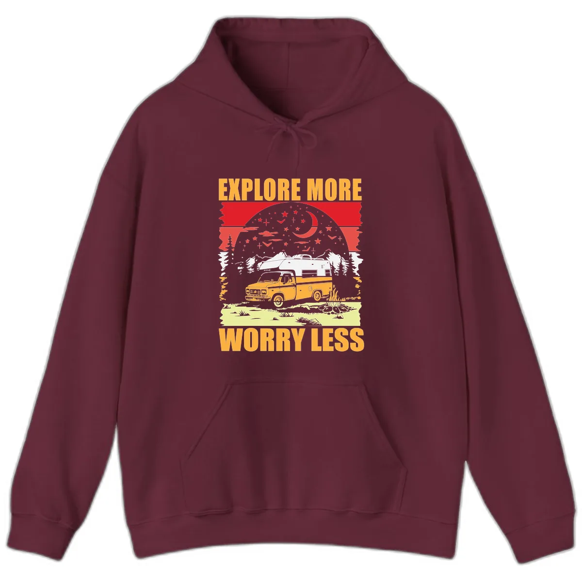 Explore More Worry Less Camping Adventure Hoodie in Maroon