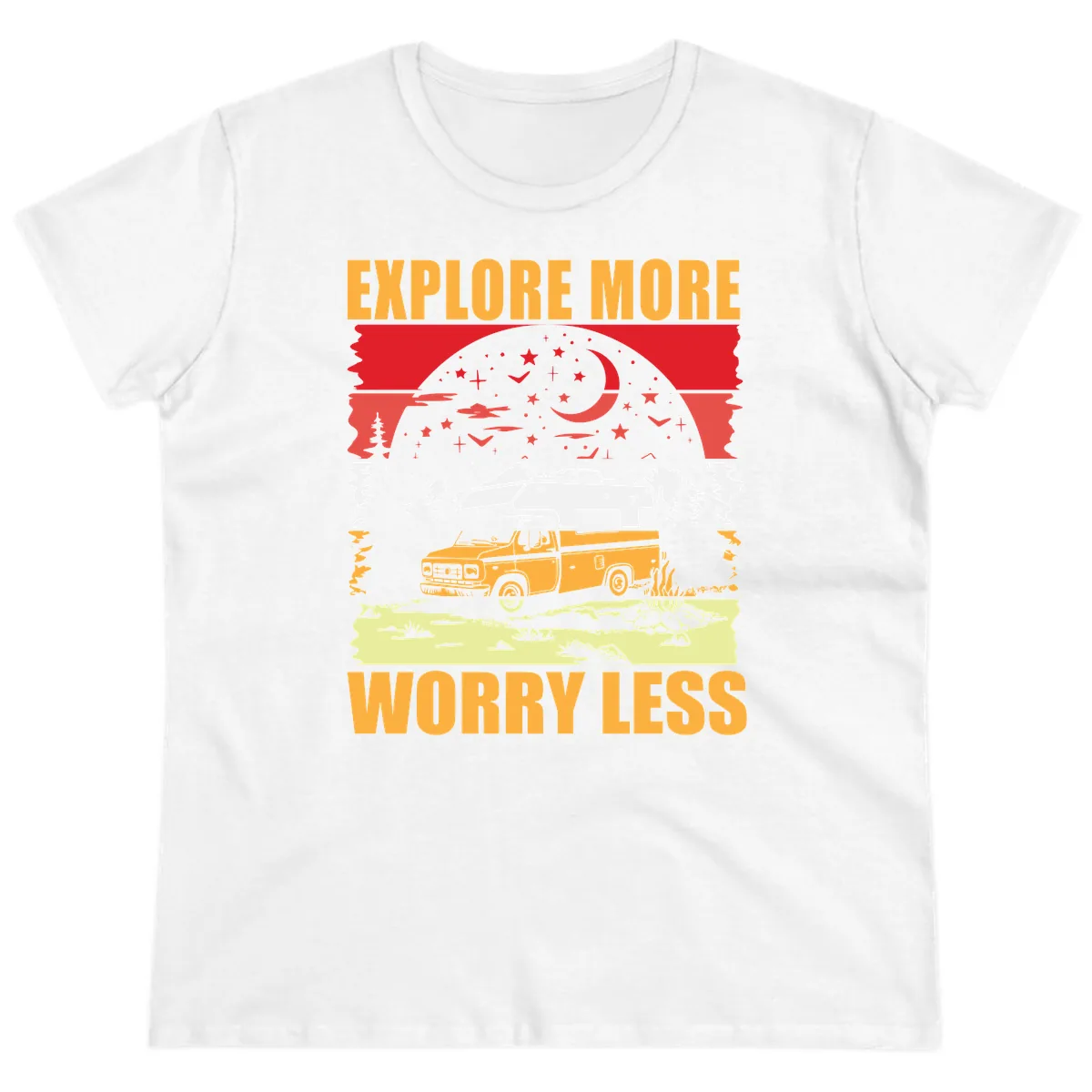 Explore More Worry Less Camping Adventure Ladies Tee in White