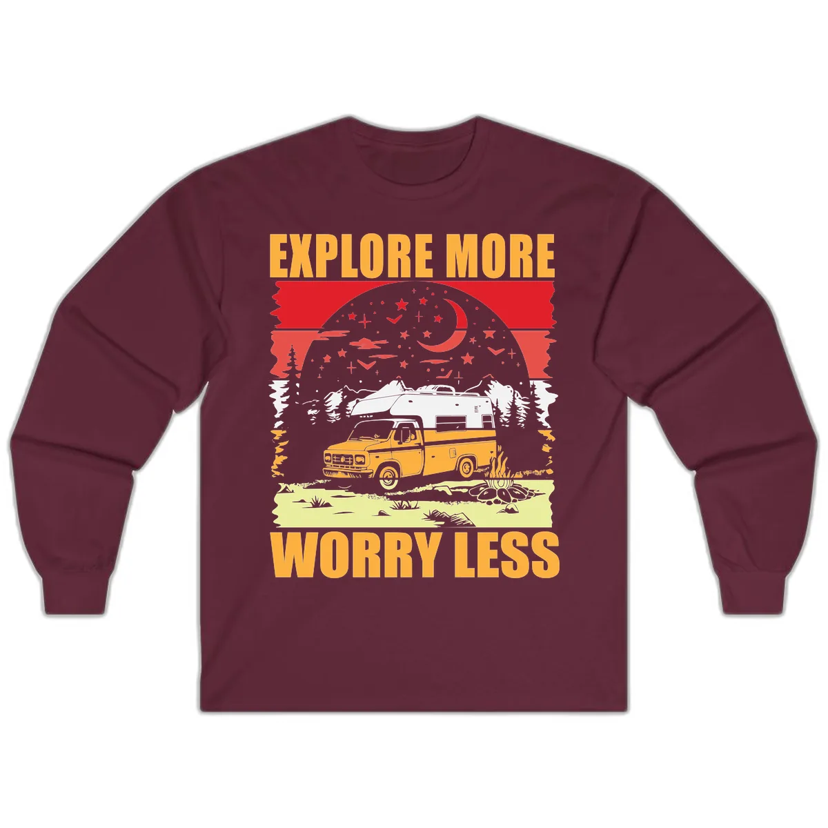 Explore More Worry Less Camping Adventure Long Sleeve in Maroon