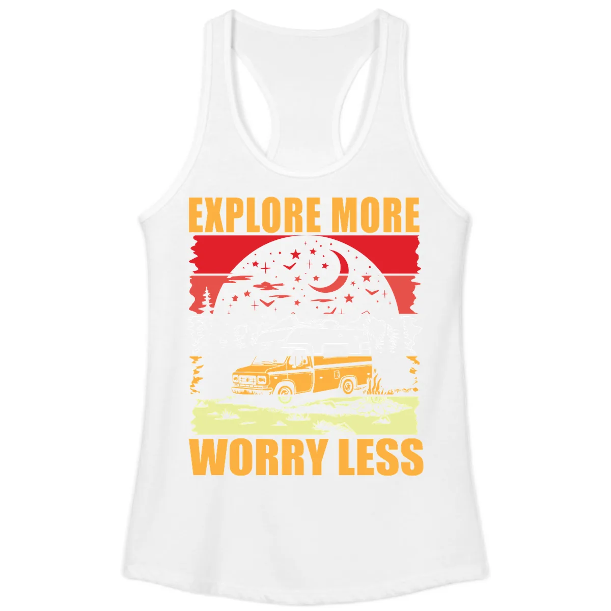 Explore More Worry Less Camping Adventure Ladies Tank in White