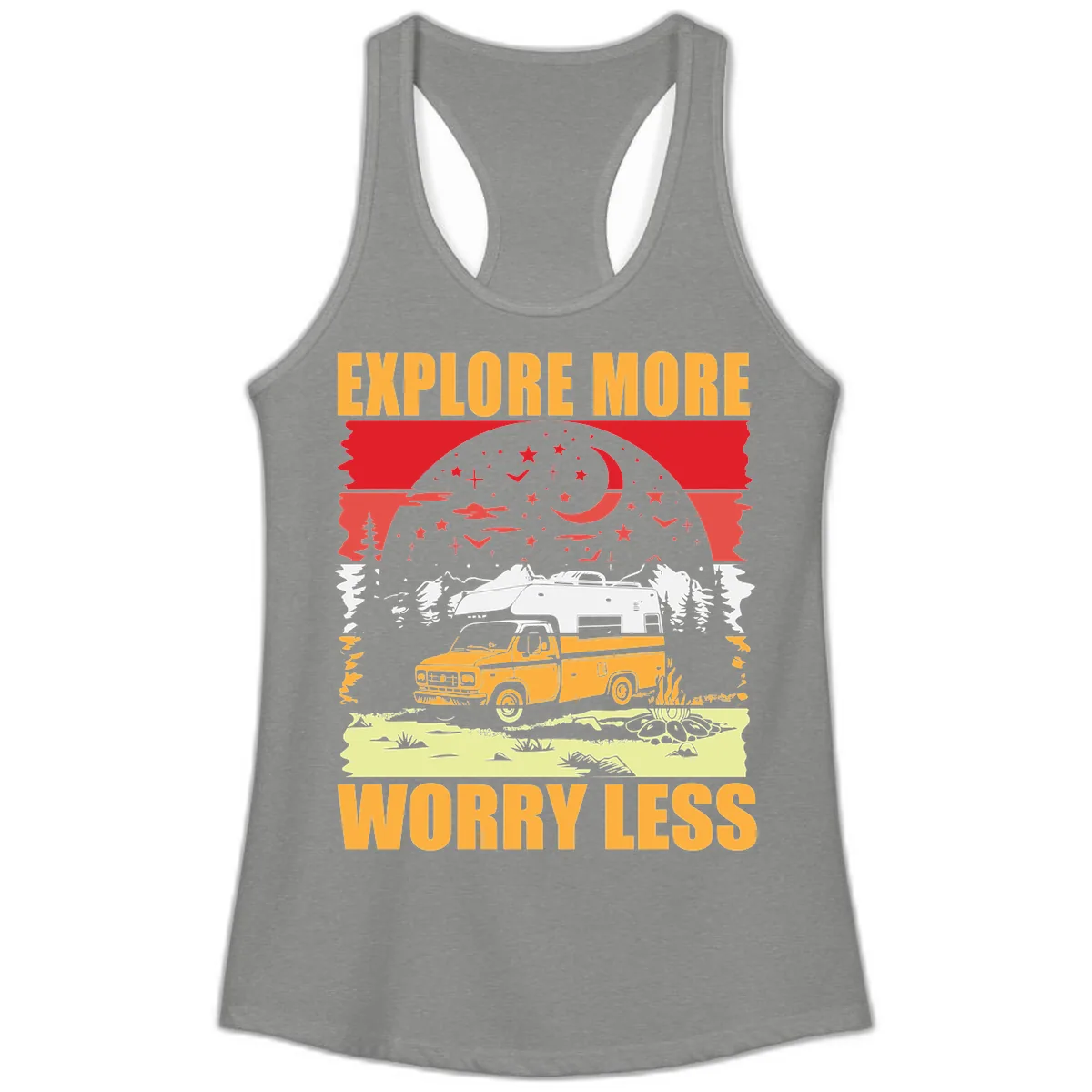 Explore More Worry Less Camping Adventure Ladies Tank in Heather Grey