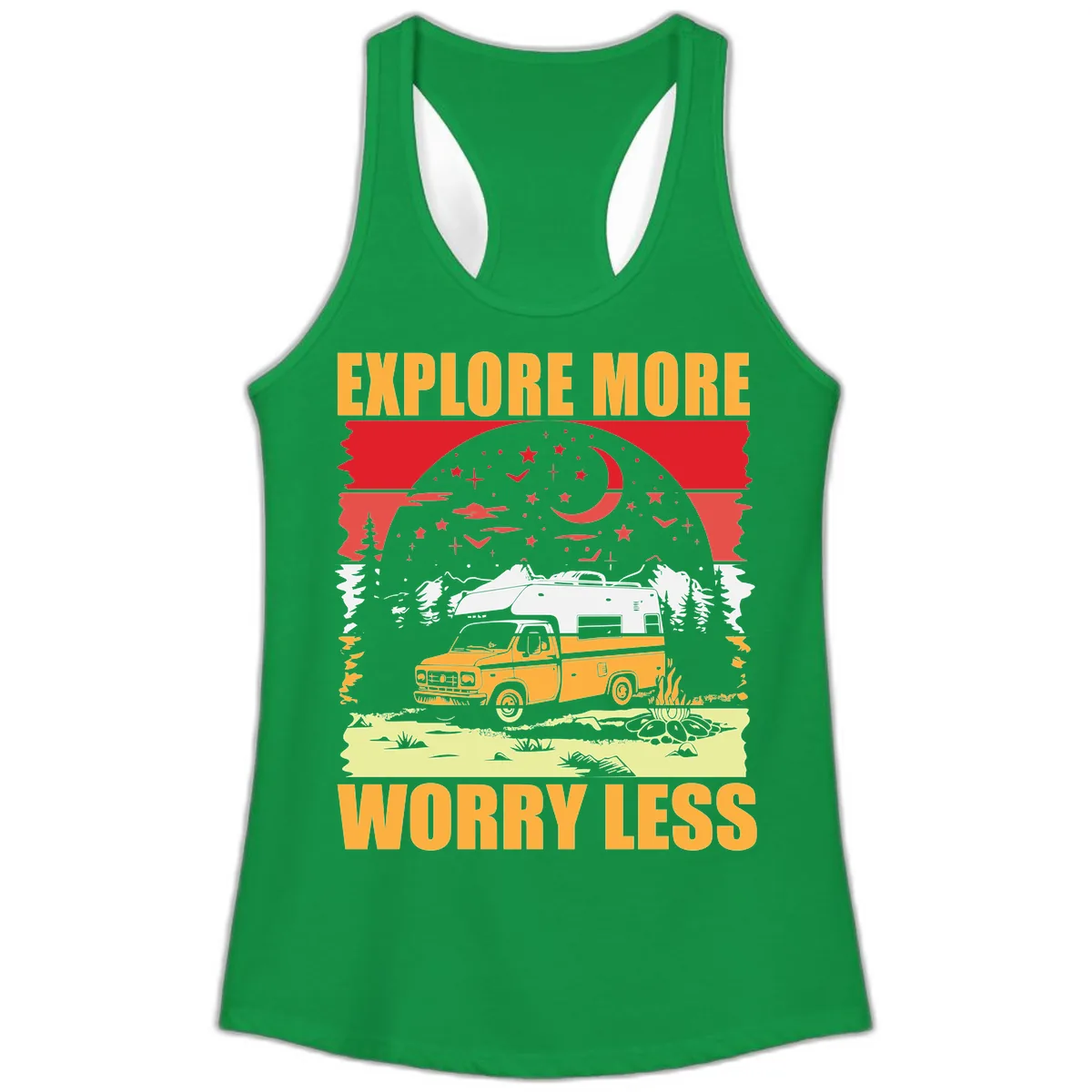 Explore More Worry Less Camping Adventure Ladies Tank in Solid Kelly Green