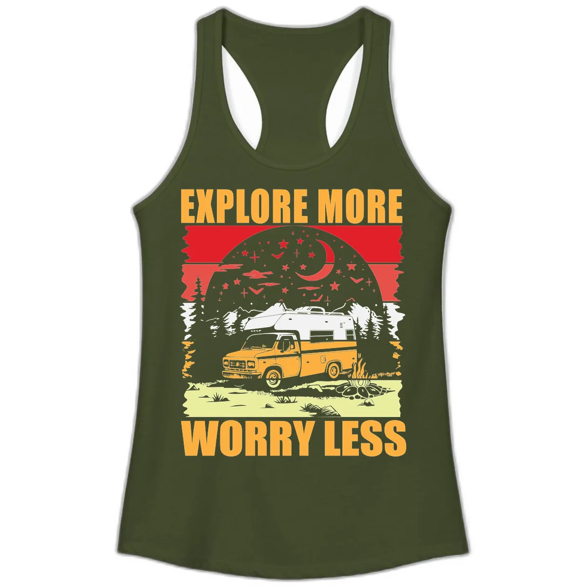 Explore More Worry Less Camping Adventure Ladies Tank in Solid Military Green