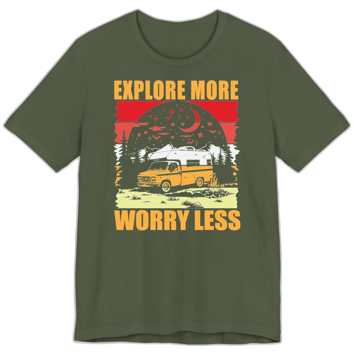 Explore More Worry Less Camping Adventure Premium T-Shirt in Military Green