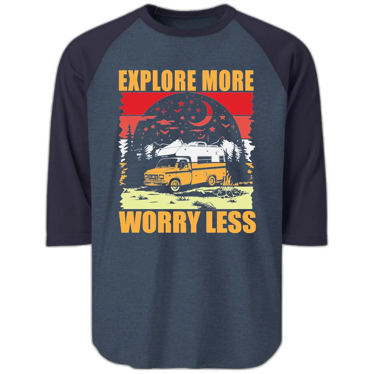 Explore More Worry Less Camping Adventure Raglan 3/4 in Heather Denim Navy