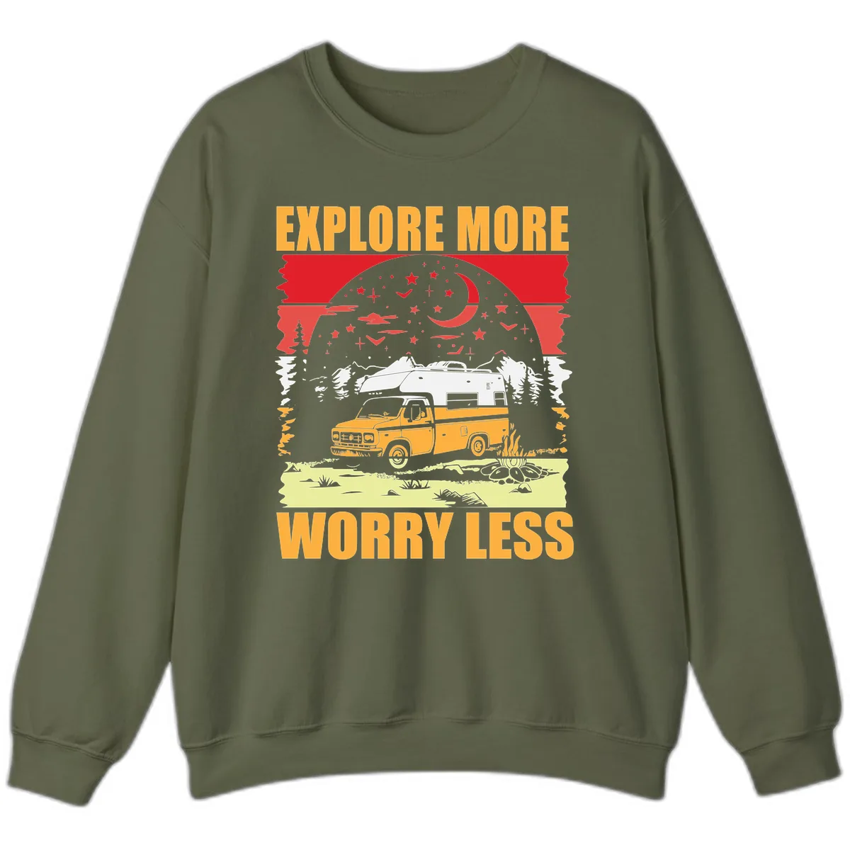 Explore More Worry Less Camping Adventure Sweatshirt in Military Green
