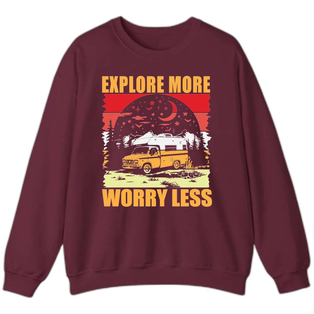 Explore More Worry Less Camping Adventure Sweatshirt in Maroon