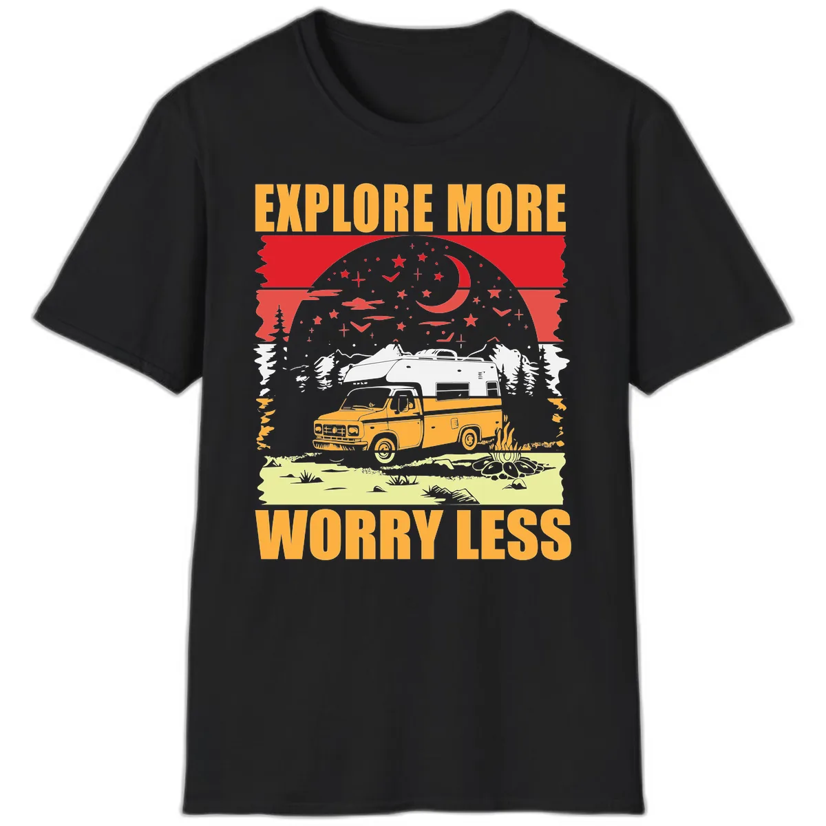 Explore More Worry Less Camping Adventure T-Shirt in Black