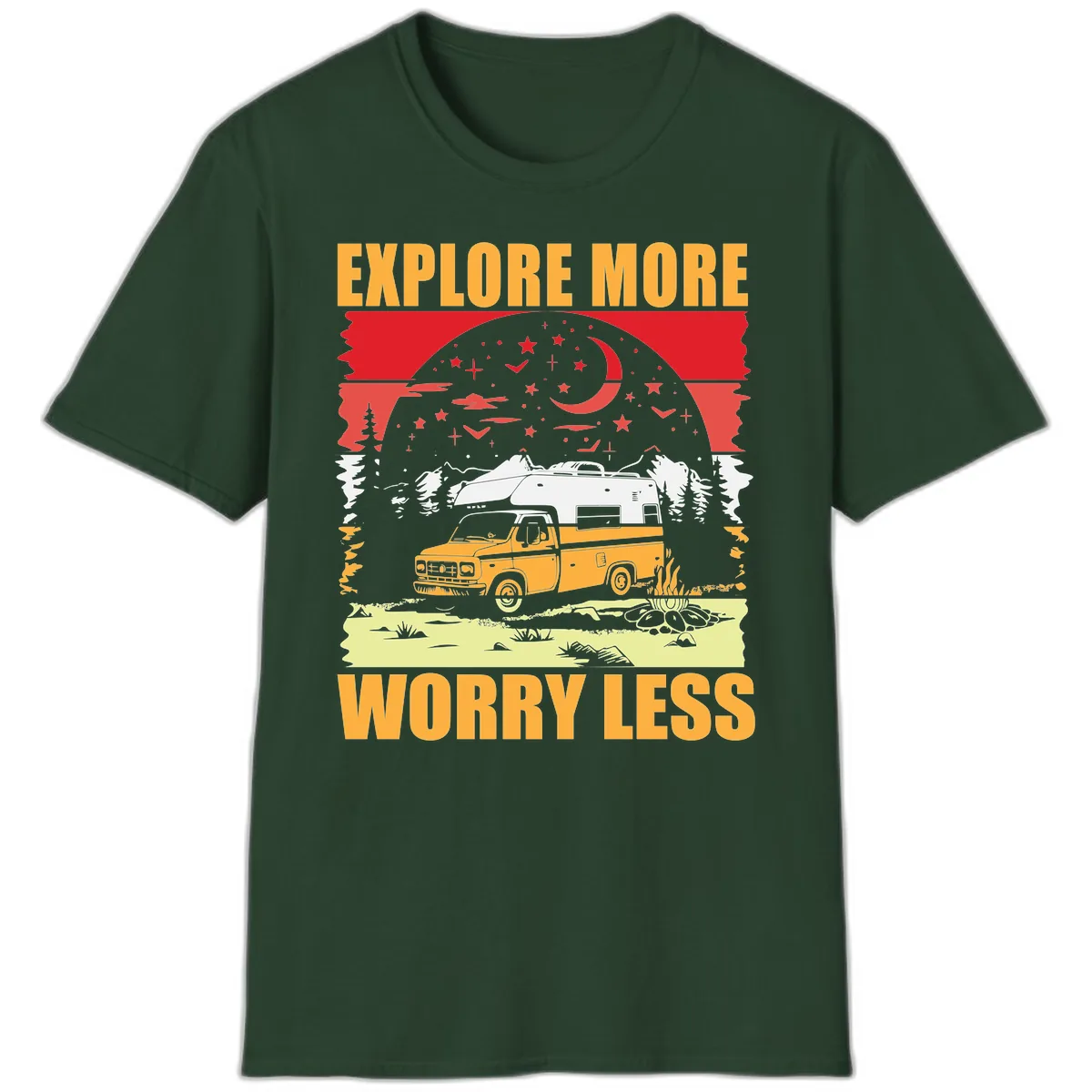 Explore More Worry Less Camping Adventure T-Shirt in Forest Green