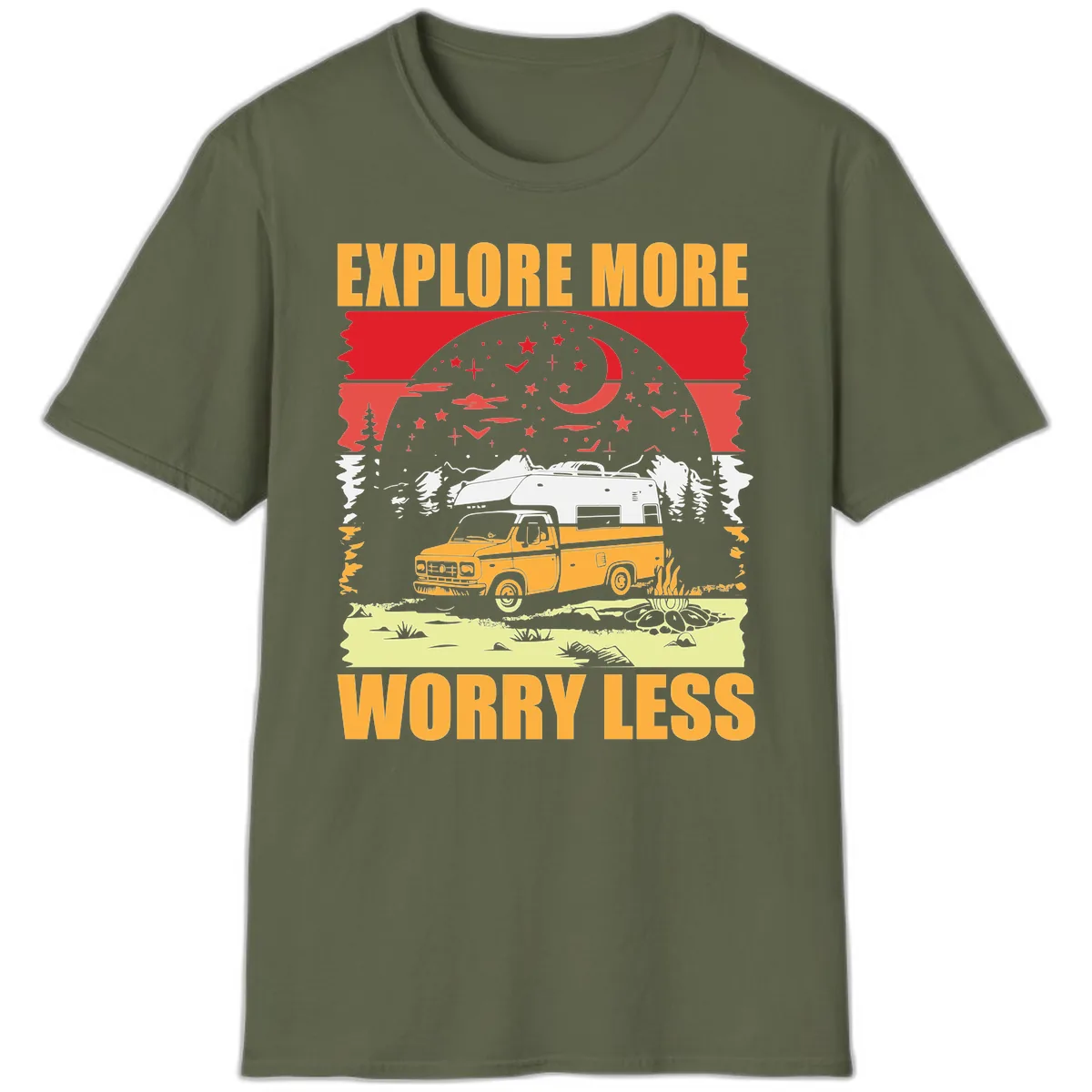 Explore More Worry Less Camping Adventure T-Shirt in Military Green