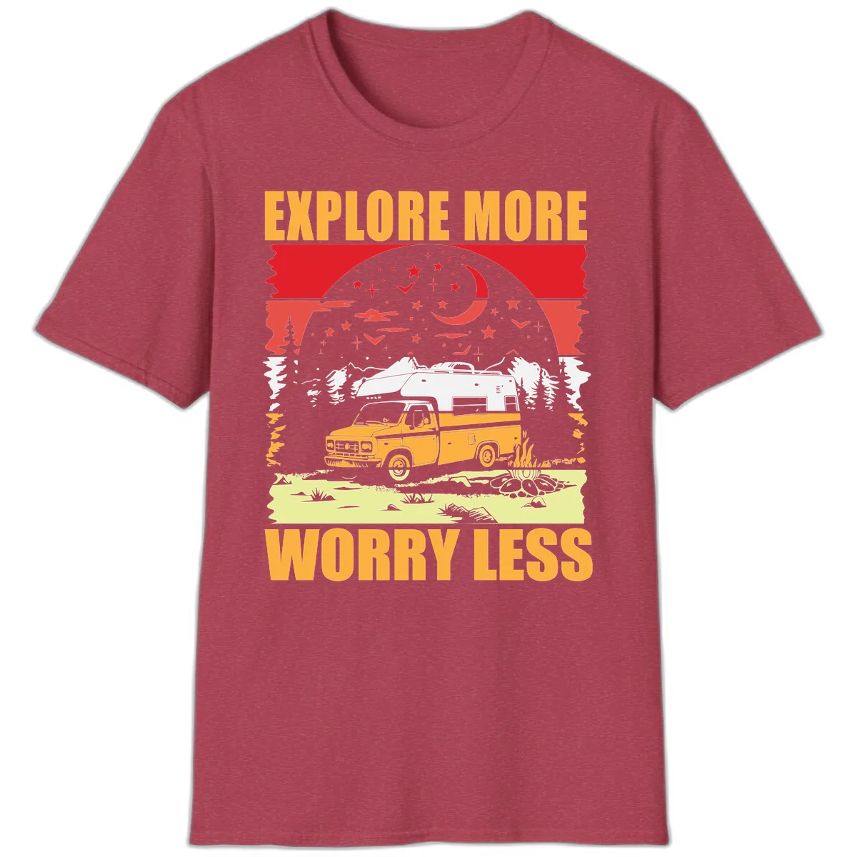 Explore More Worry Less Camping Adventure T-Shirt in Heather Cardinal