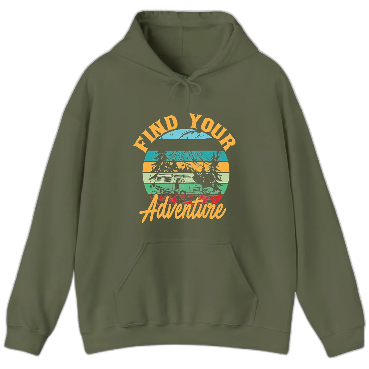 Find Your Adventure Camper Van Hoodie in Military Green
