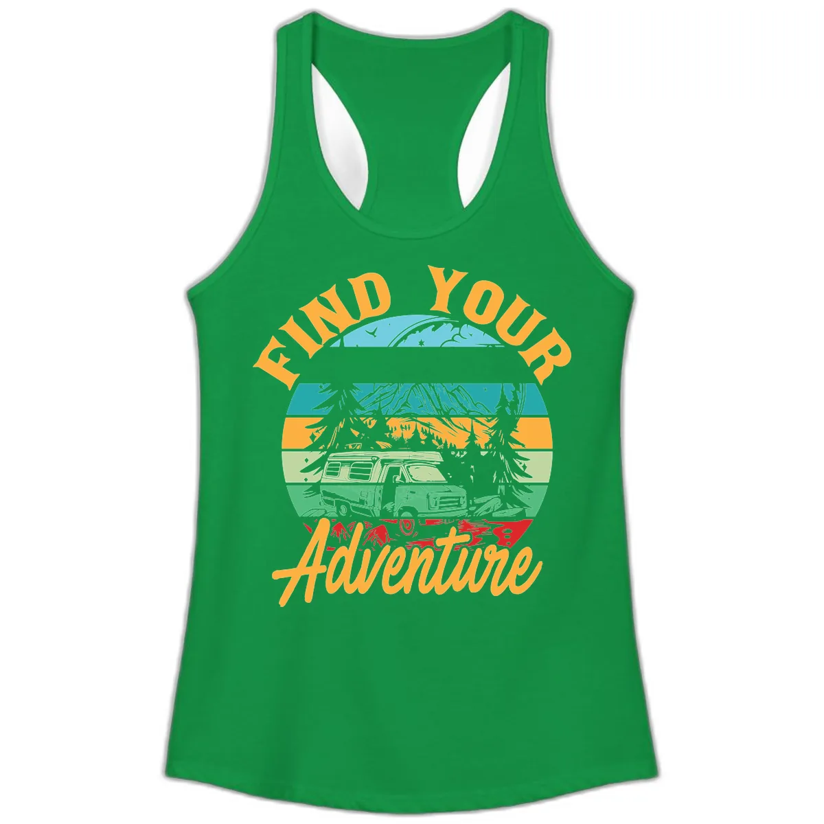 Find Your Adventure Camper Van Ladies Tank in Solid Kelly Green