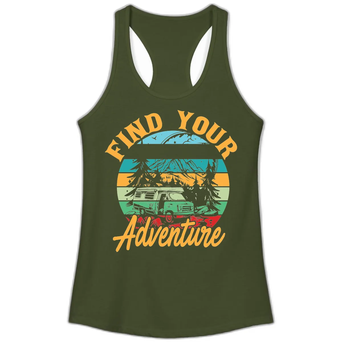 Find Your Adventure Camper Van Ladies Tank in Solid Military Green
