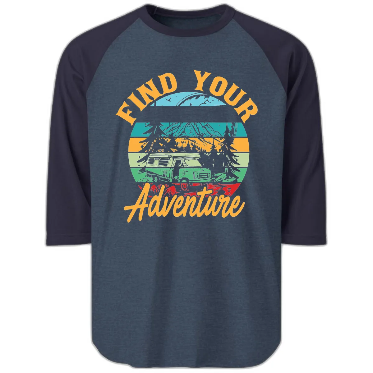Find Your Adventure Camper Van Raglan 3/4 in Heather Denim Navy