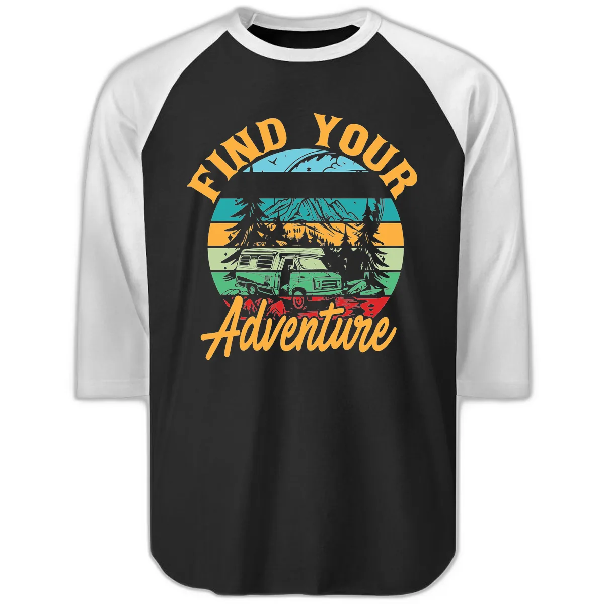Find Your Adventure Camper Van Raglan 3/4 in Black White