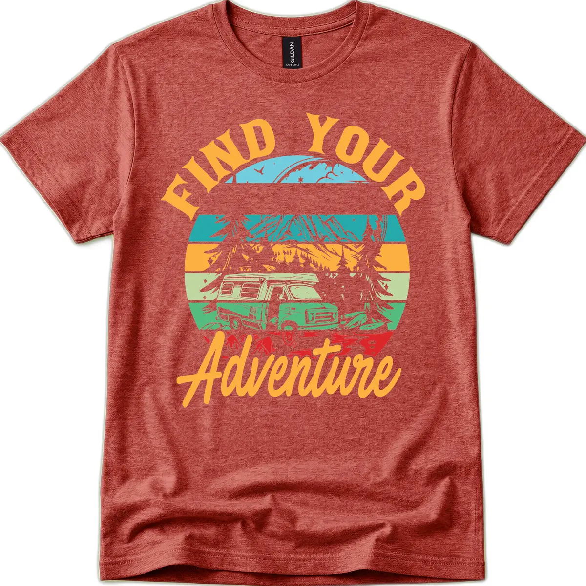 Find Your Adventure Camper Van T-Shirt in Heather Cardinal