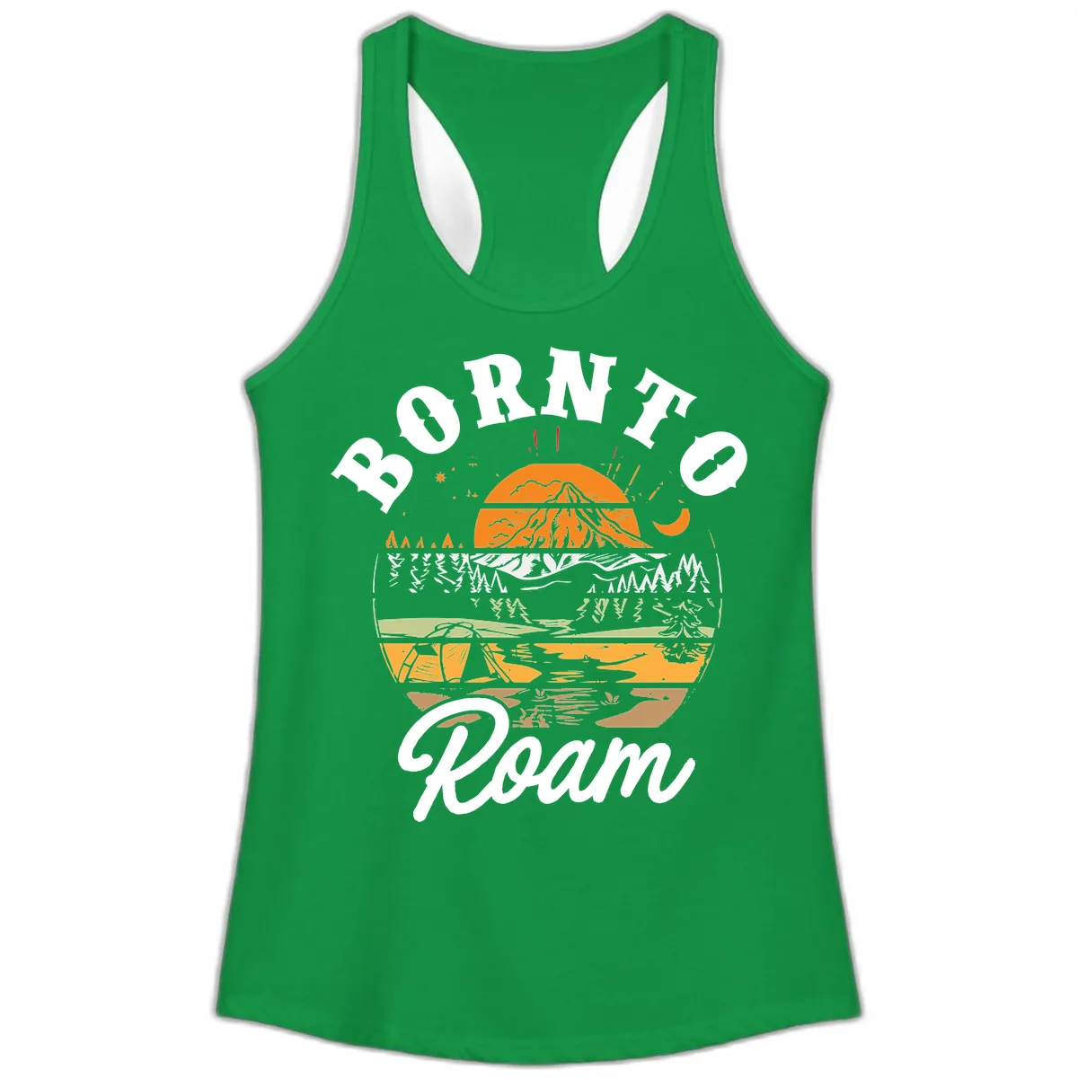 Born to Roam Mountain Landscape Ladies Tank in Solid Kelly Green