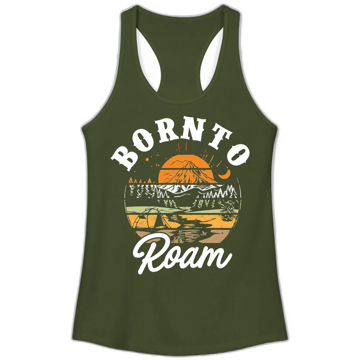 Born to Roam Mountain Landscape Ladies Tank in Solid Military Green