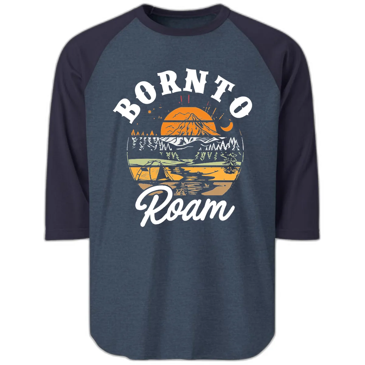 Born to Roam Mountain Landscape Raglan 3/4 in Heather Denim Navy