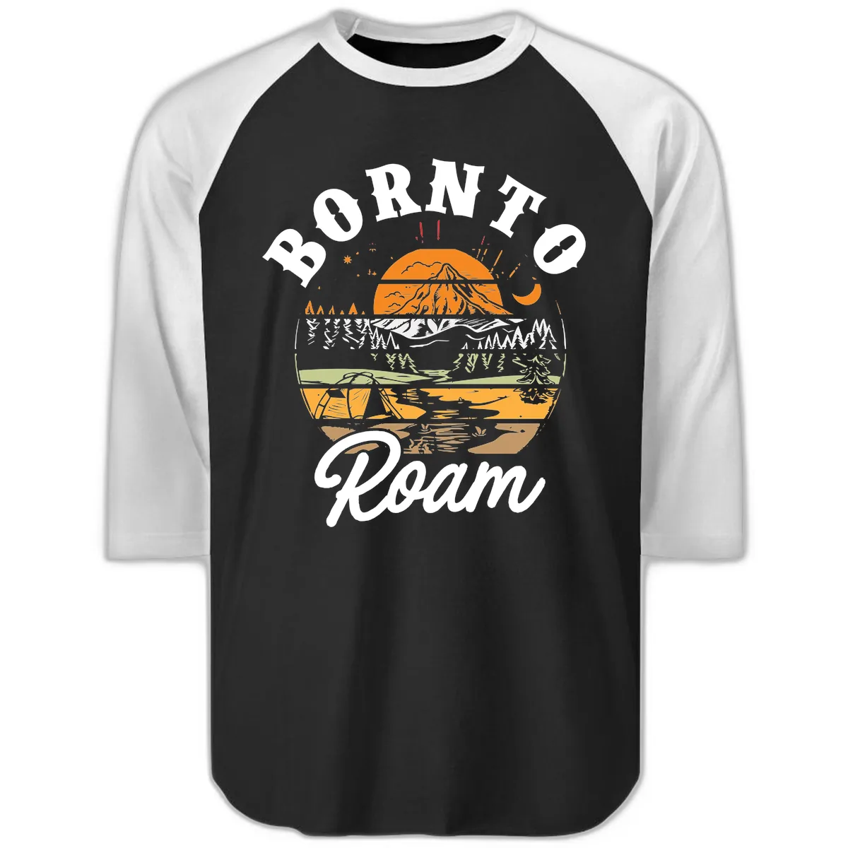 Born to Roam Mountain Landscape Raglan 3/4 in Black White