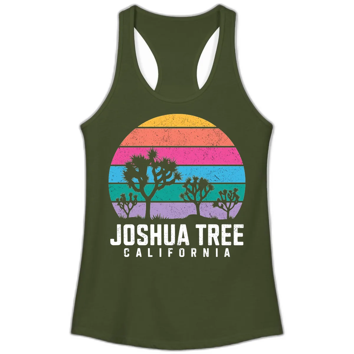 Joshua Tree California Sunset Stripes Ladies Tank in Solid Military Green