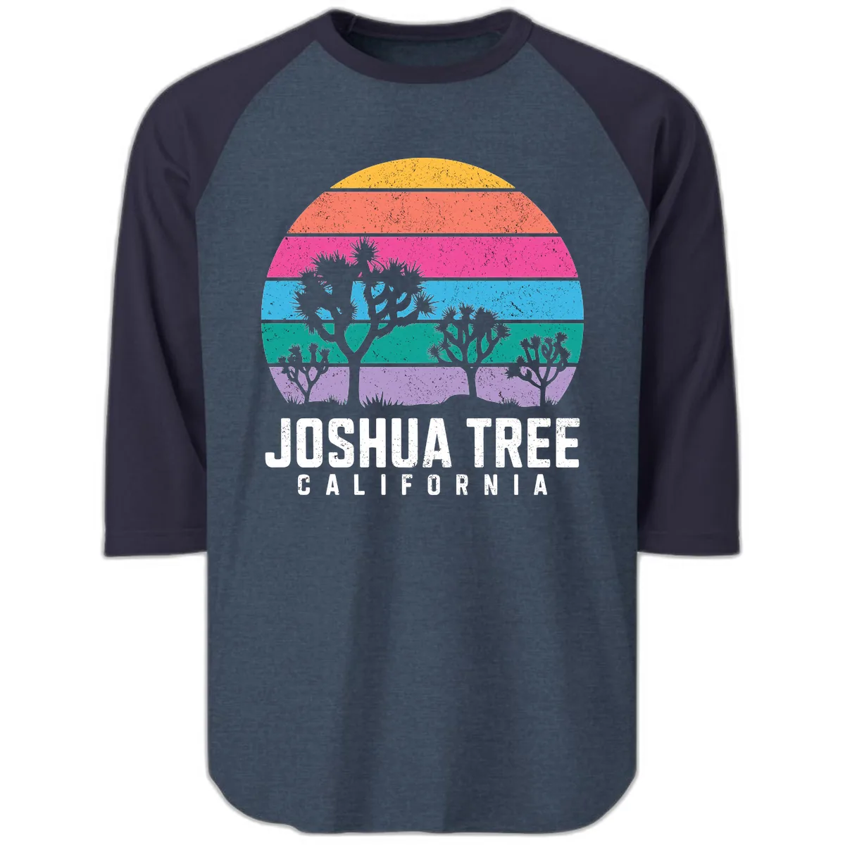 Joshua Tree California Sunset Stripes Raglan 3/4 in Heather Denim Navy