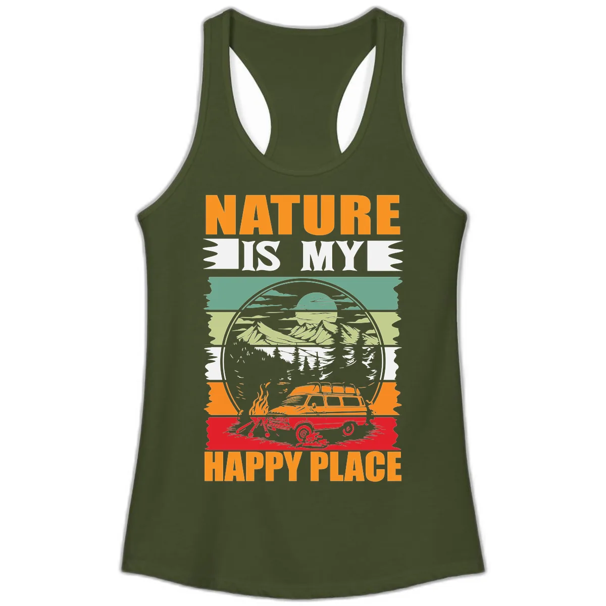 Nature Is My Happy Place Ladies Tank in Solid Military Green