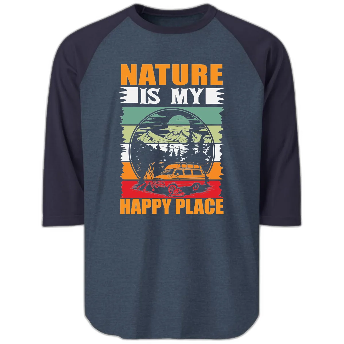 Nature Is My Happy Place Raglan 3/4 in Heather Denim Navy
