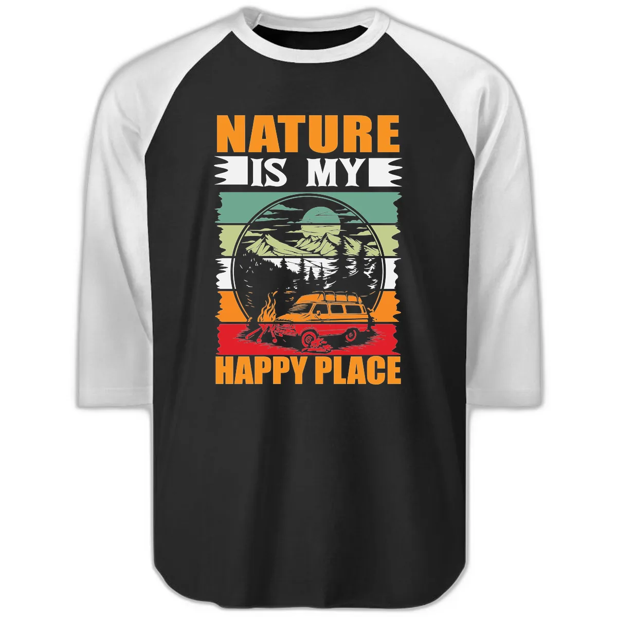 Nature Is My Happy Place Raglan 3/4 in Black White