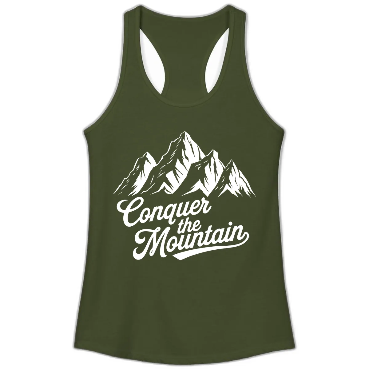 Conquer The Mountain Ladies Tank in Solid Military Green